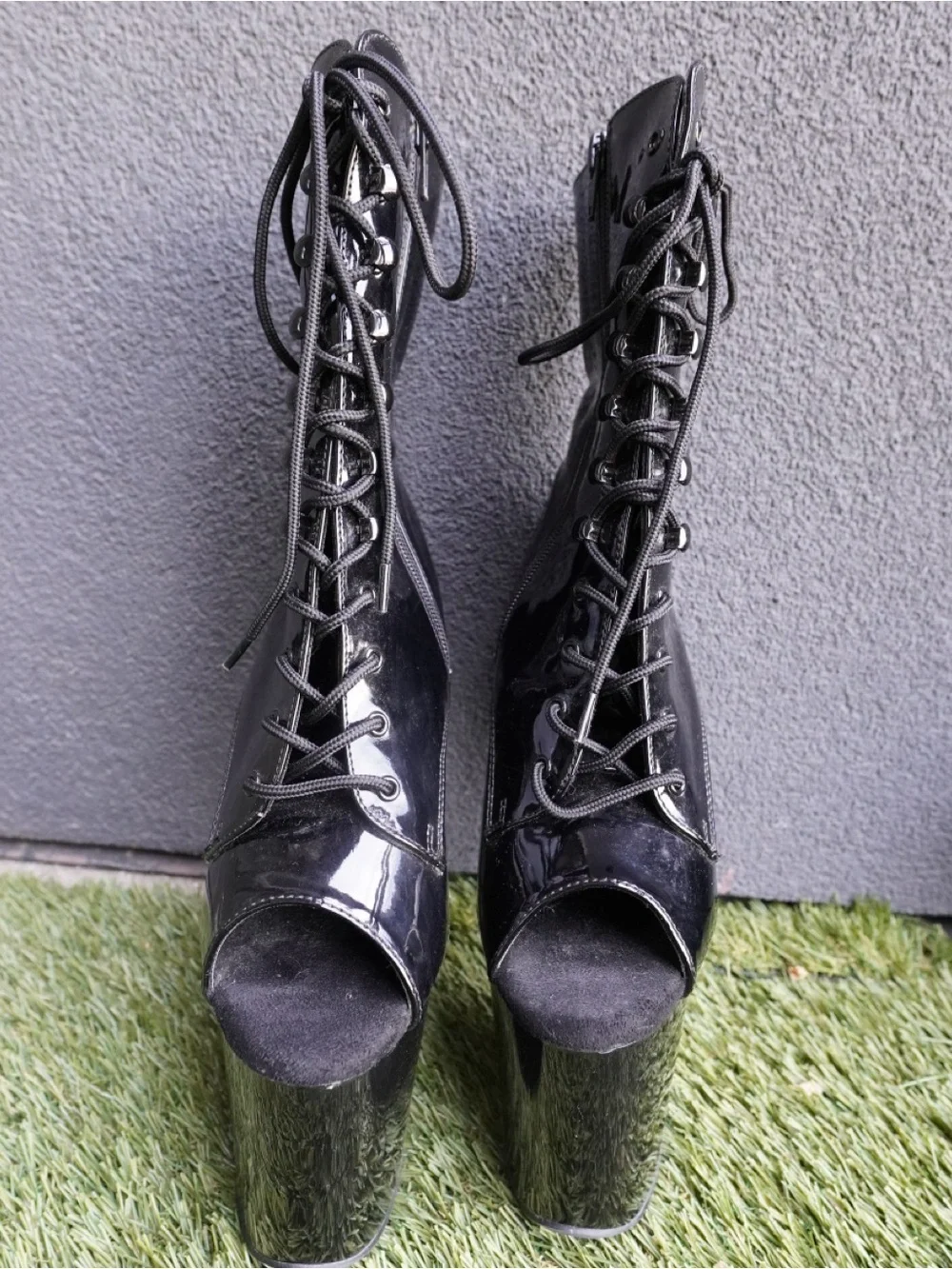 Flamingo 1021 Black Patent Platform Lace-Up Ankle Boots